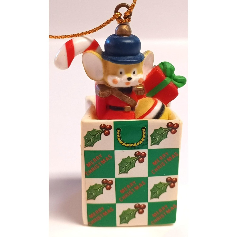 Vintage Plastic Toy Soldier Mouse in Gift Bag Christmas Tree Ornament